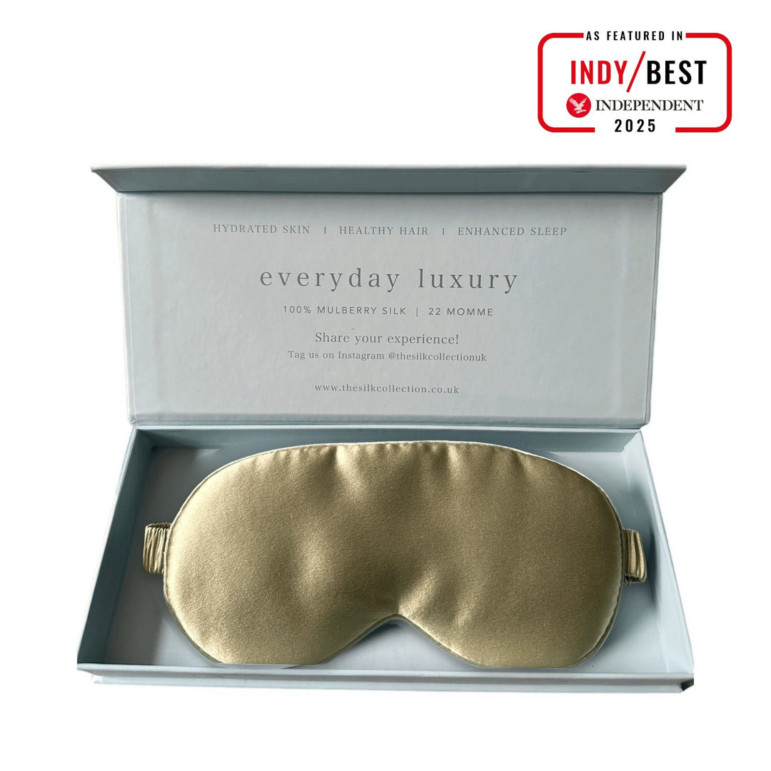 Pistachio pure mulberry silk eye mask in its gift box, 22 momme 100% silk | The Silk Collection