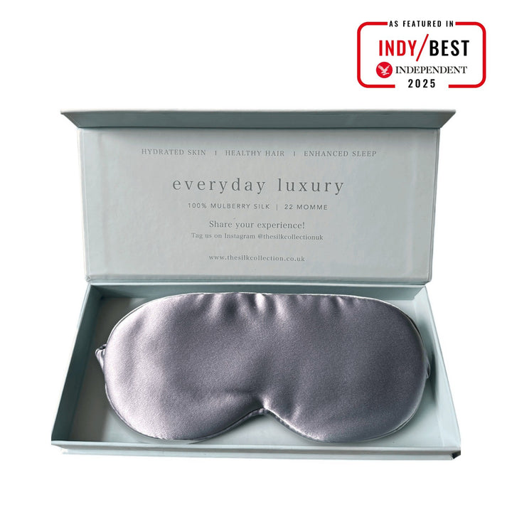 Steel Blue pure mulberry silk eye mask in its gift box, 22 momme 100% silk | The Silk Collection
