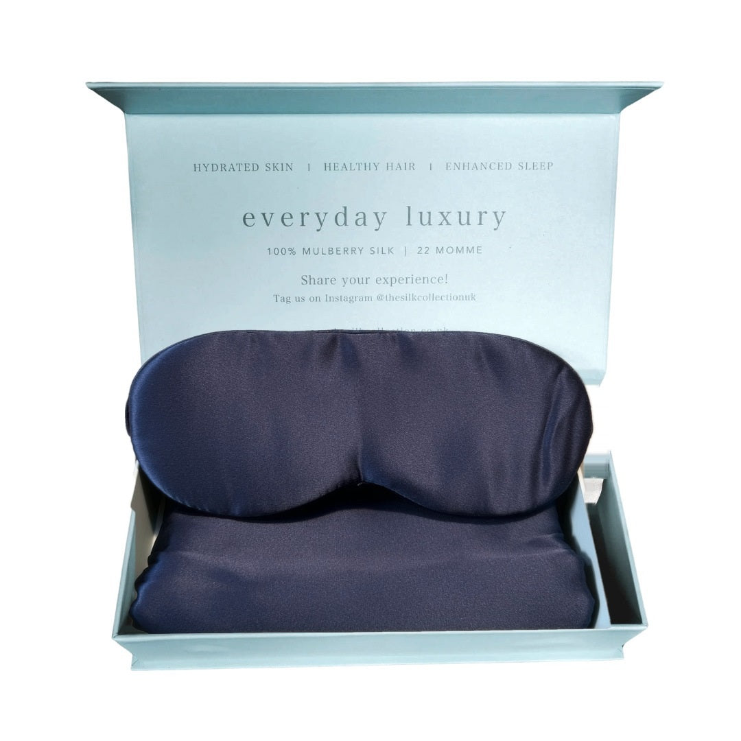French Navy silk sleep set, silk pillowcase and silk eye mask in gift box