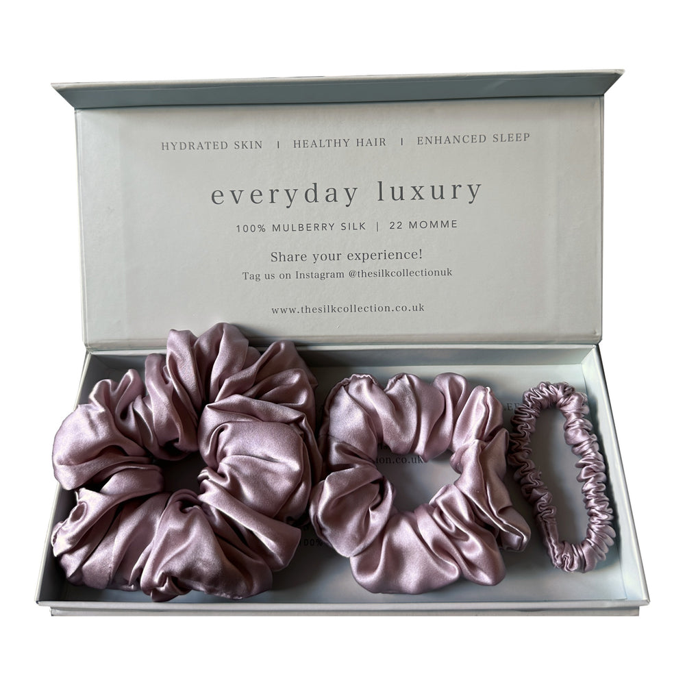 Silk scrunchie starter set in Blush Pink: statement scrunchie, classic scrunchie and hair tie in gift box