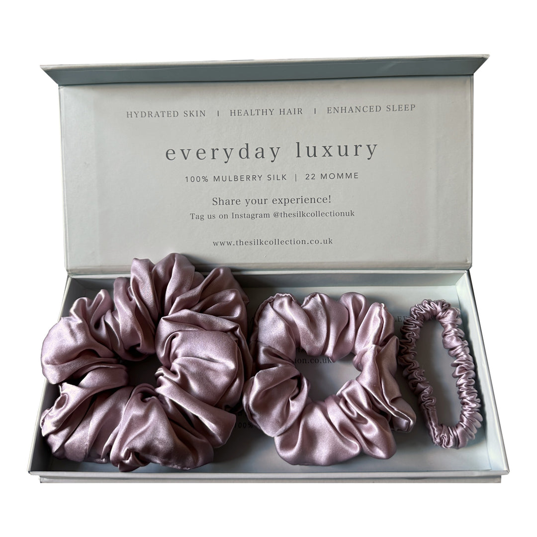 Silk scrunchie starter set in Blush Pink: statement scrunchie, classic scrunchie and hair tie in gift box