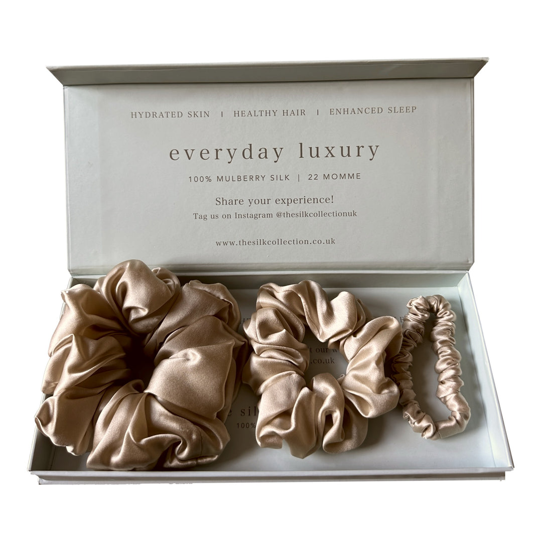 Silk scrunchie starter set in Champagne: statement scrunchie, classic scrunchie and hair tie in gift box