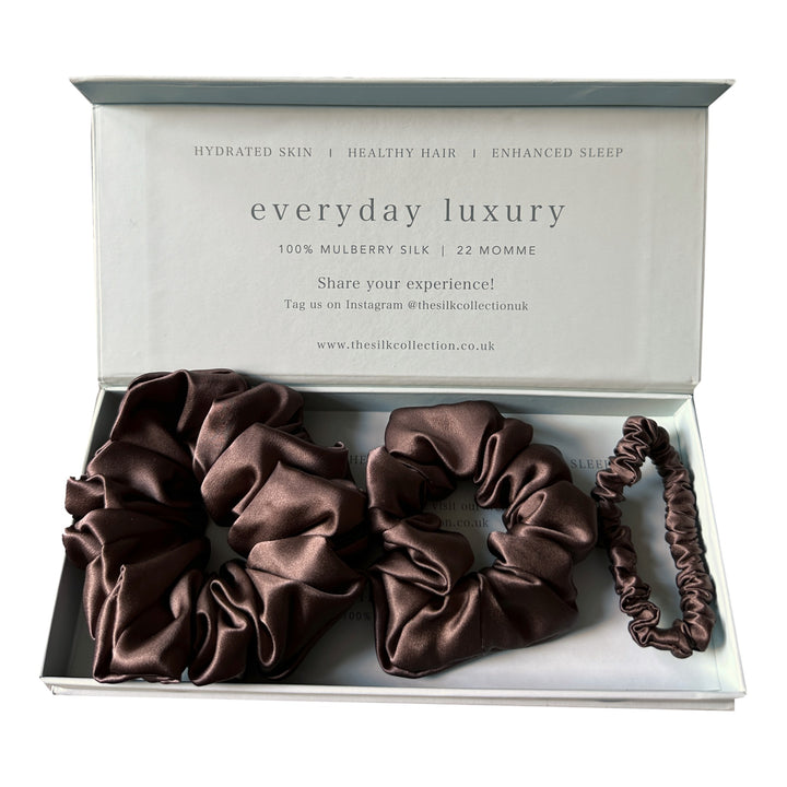 Silk scrunchie starter set in Chocolate Brown: statement scrunchie, classic scrunchie and hair tie in gift box