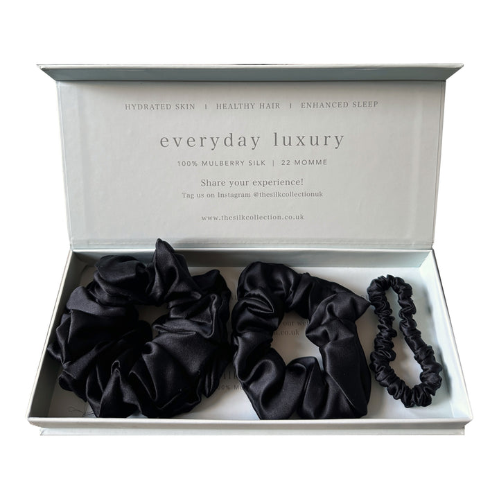 Silk scrunchie starter set in Eclipse Black: statement scrunchie, classic scrunchie and hair tie in gift box