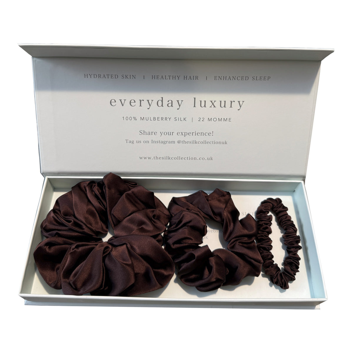 Silk scrunchie starter set in Espresso: statement scrunchie, classic scrunchie and hair tie in gift box