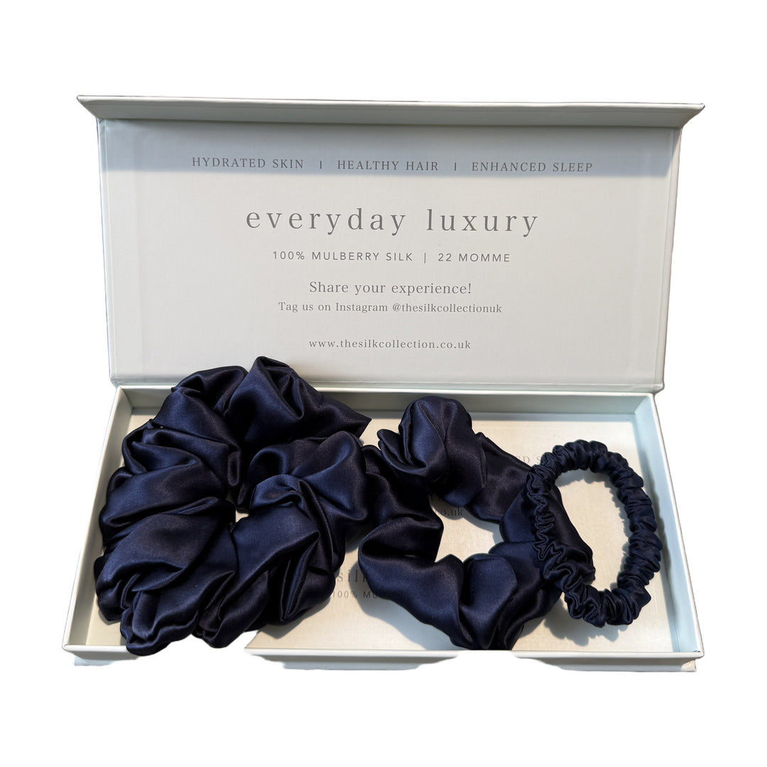 Silk scrunchie starter set in French Navy: statement scrunchie, classic scrunchie and hair tie in gift box