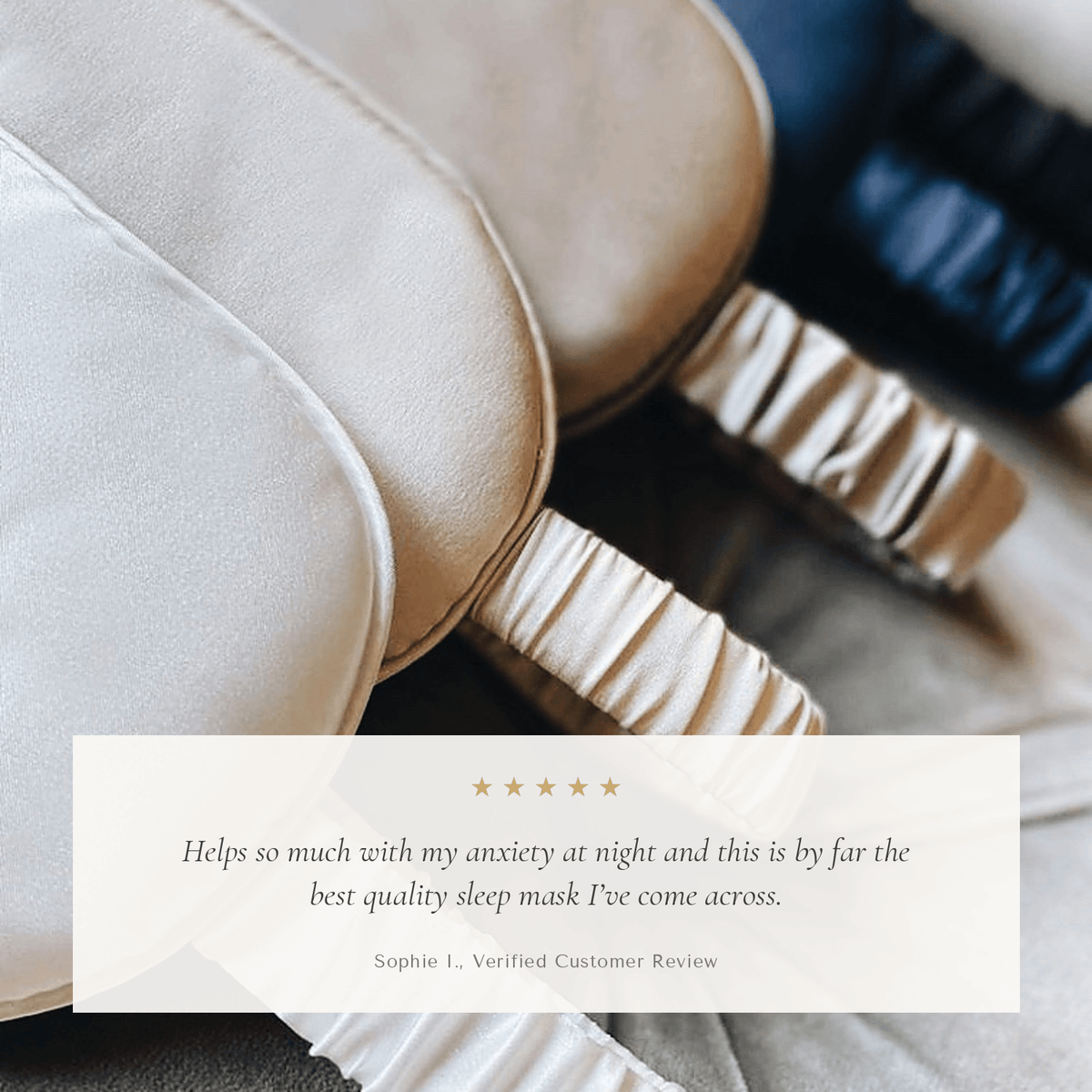 Champagne silk eye mask with a verified 5-star customer review about softening the light for deeper sleep