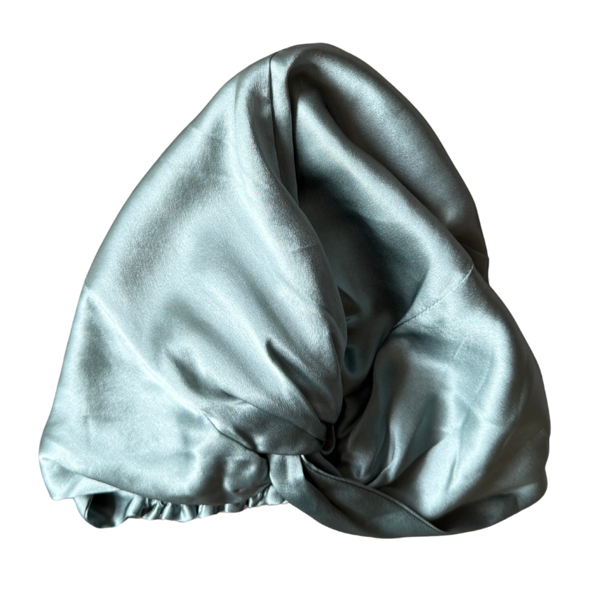 Duck egg blue silk hair bonnet in 100% mulberry silk for protecting hair overnight