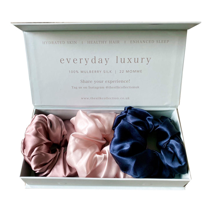 The Statement silk scrunchie gift set in Mixed Colours, mulberry silk scrunchies in a gift box | The Silk Collection