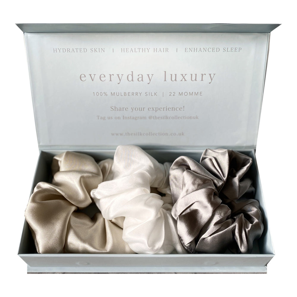 The Statement silk scrunchie gift set in Neutrals, mulberry silk scrunchies in a gift box | The Silk Collection