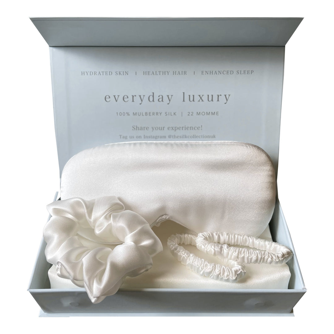 The Bride-to-Be silk gift box in Pearl White: mulberry silk eye mask, pillowcase, scrunchie and skinny scrunchies in a gift box | The Silk Collection