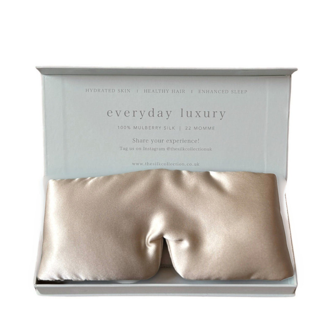 Champagne Ultimate silk sleep mask in its gift box, 100% mulberry silk | The Silk Collection