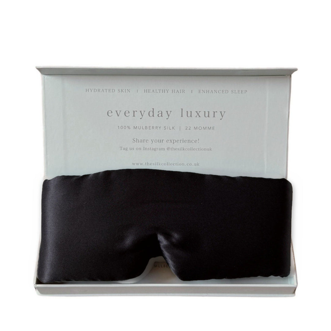 Eclipse Black Ultimate silk sleep mask in its gift box, 100% mulberry silk | The Silk Collection