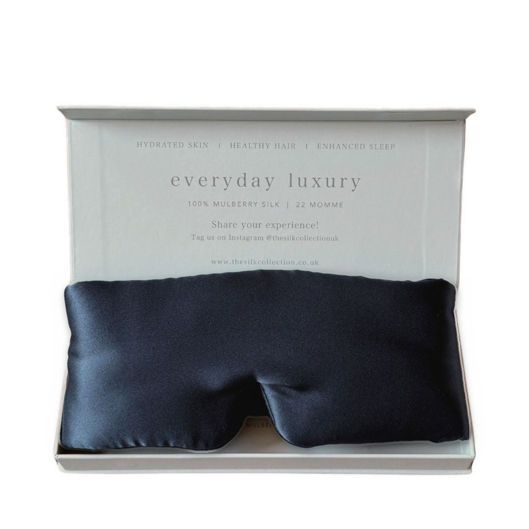 French Navy Ultimate silk sleep mask in its gift box, 100% mulberry silk | The Silk Collection